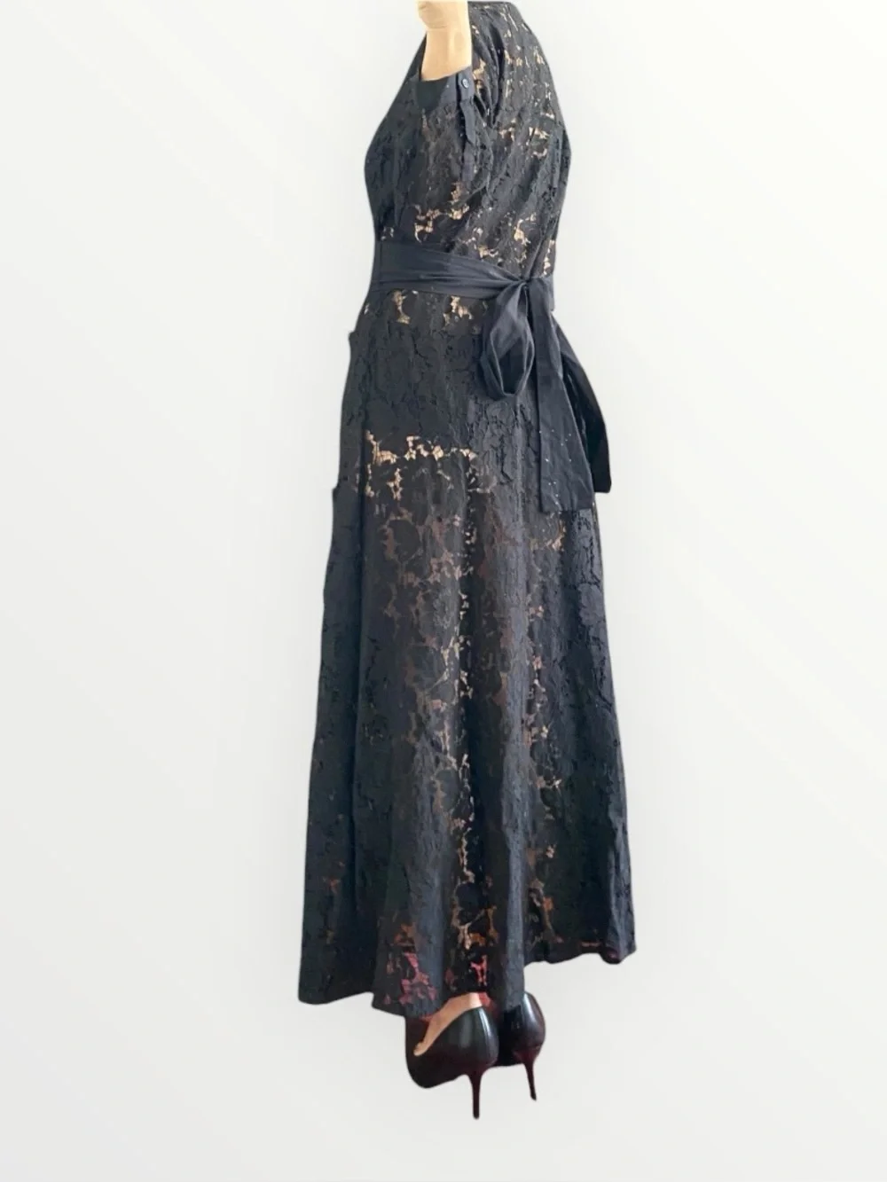 Zara Black Lace Collared Waist Tie Long Dress Size L - Picture 3 of 13